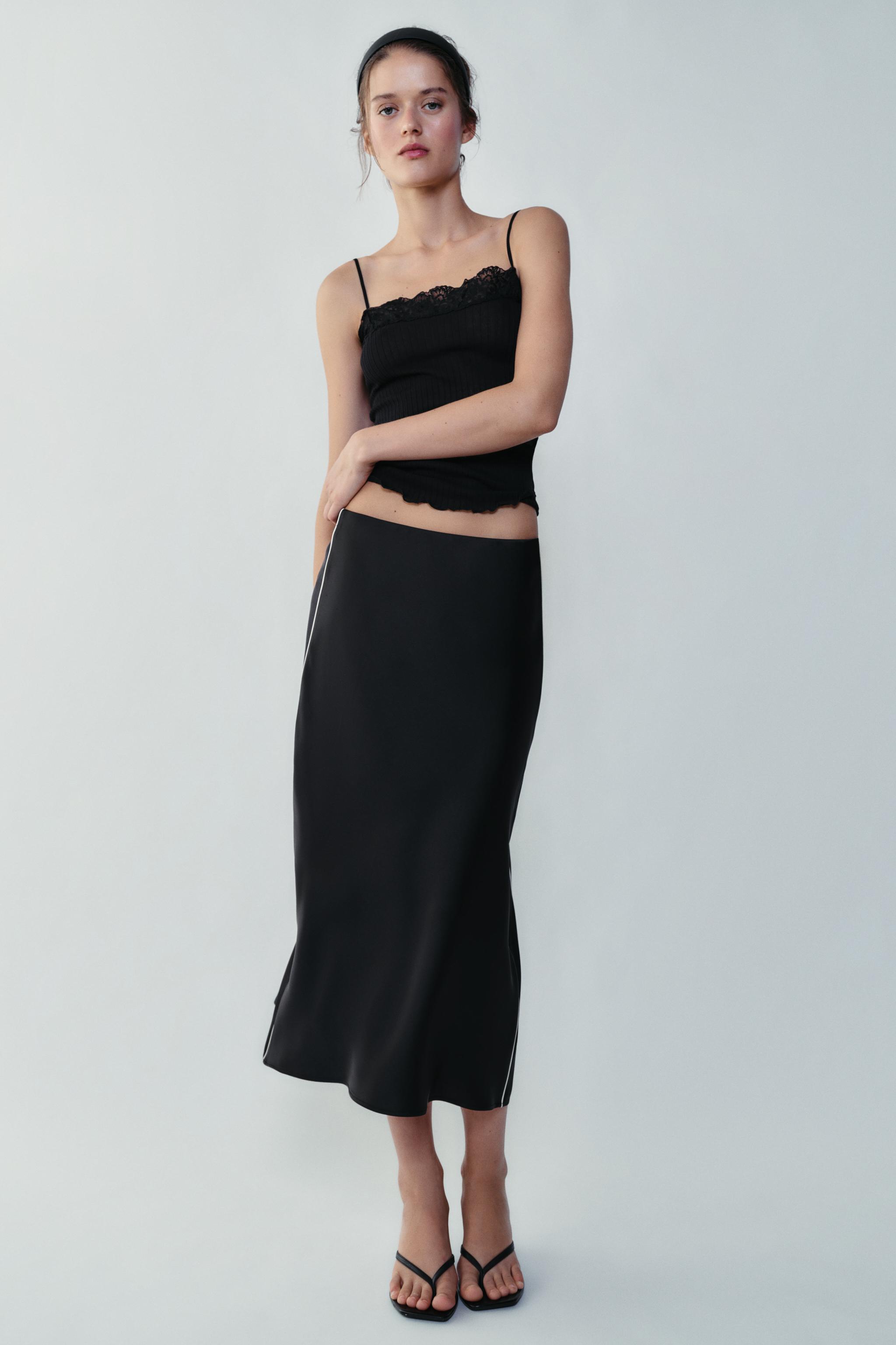 CONTRAST PIPING SATIN MIDI SKIRT